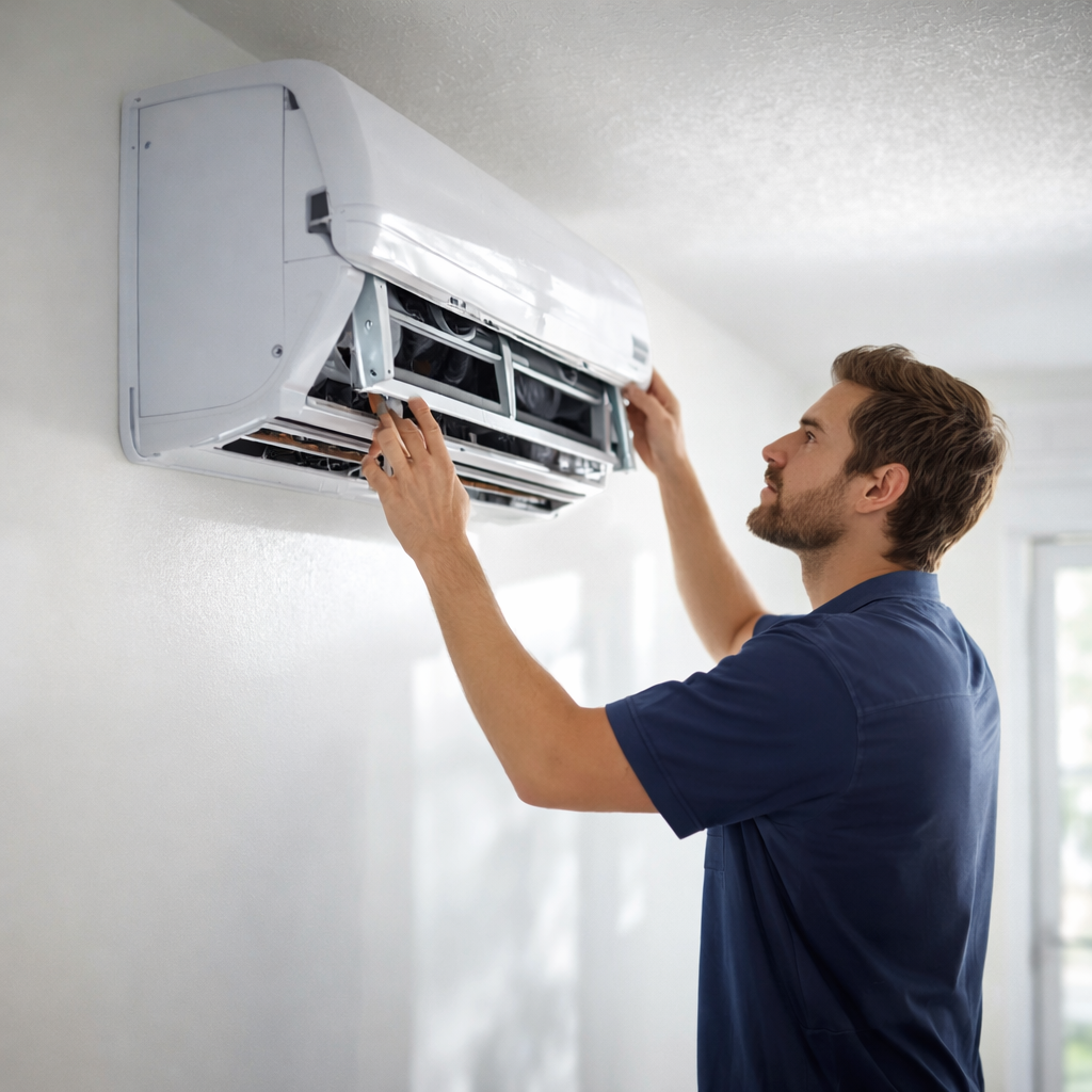 HVAC technician diagnosing an air conditioning system