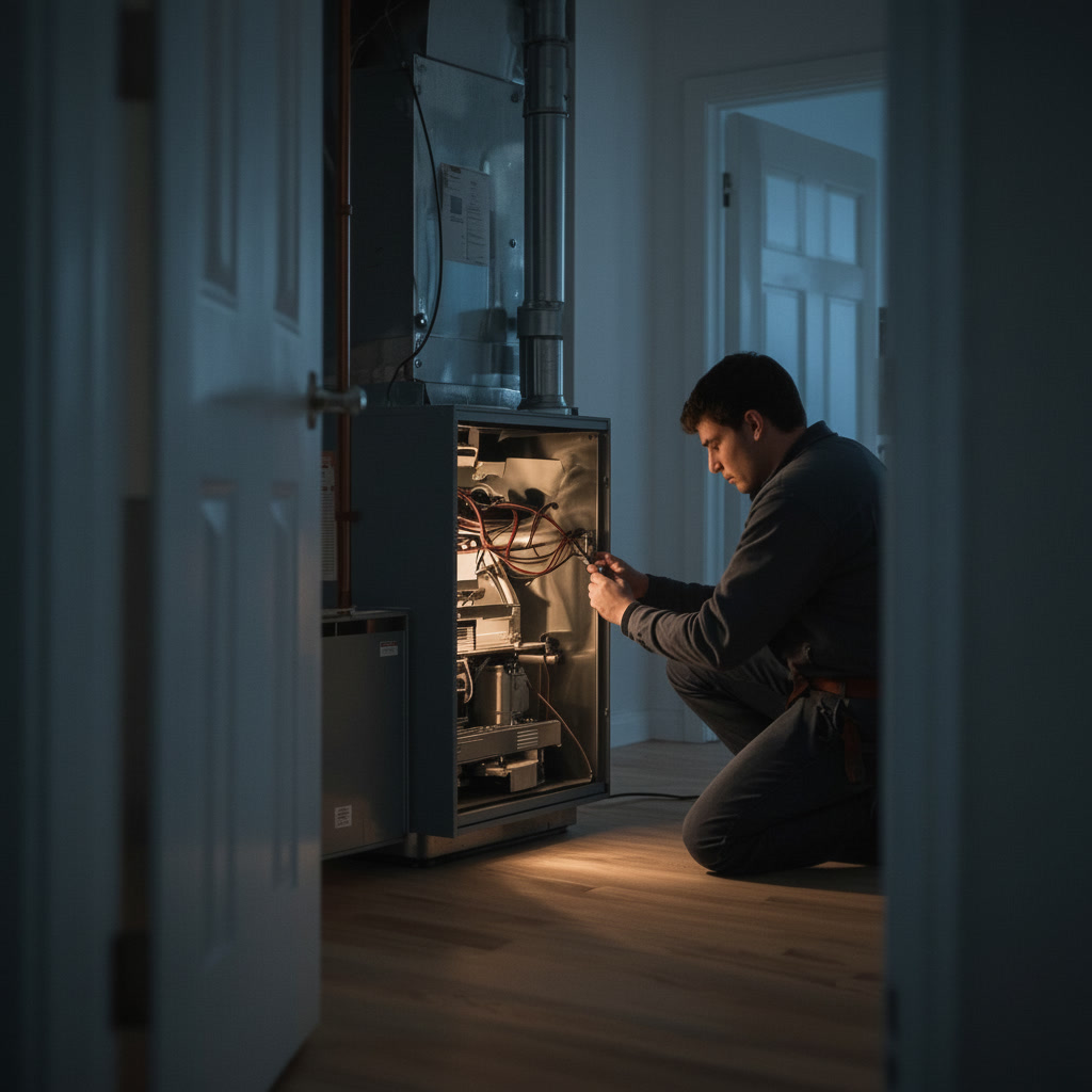 HVAC technician inspecting a residential heating system
